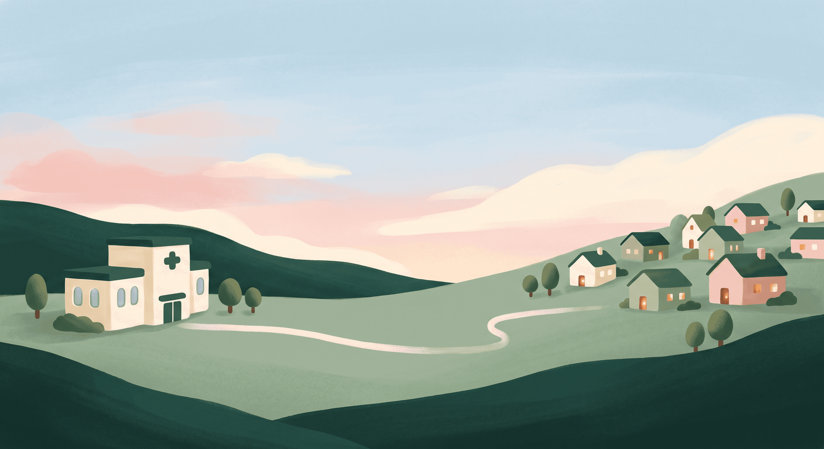 A hospital and hillside neighborhood separated by an unfinished path