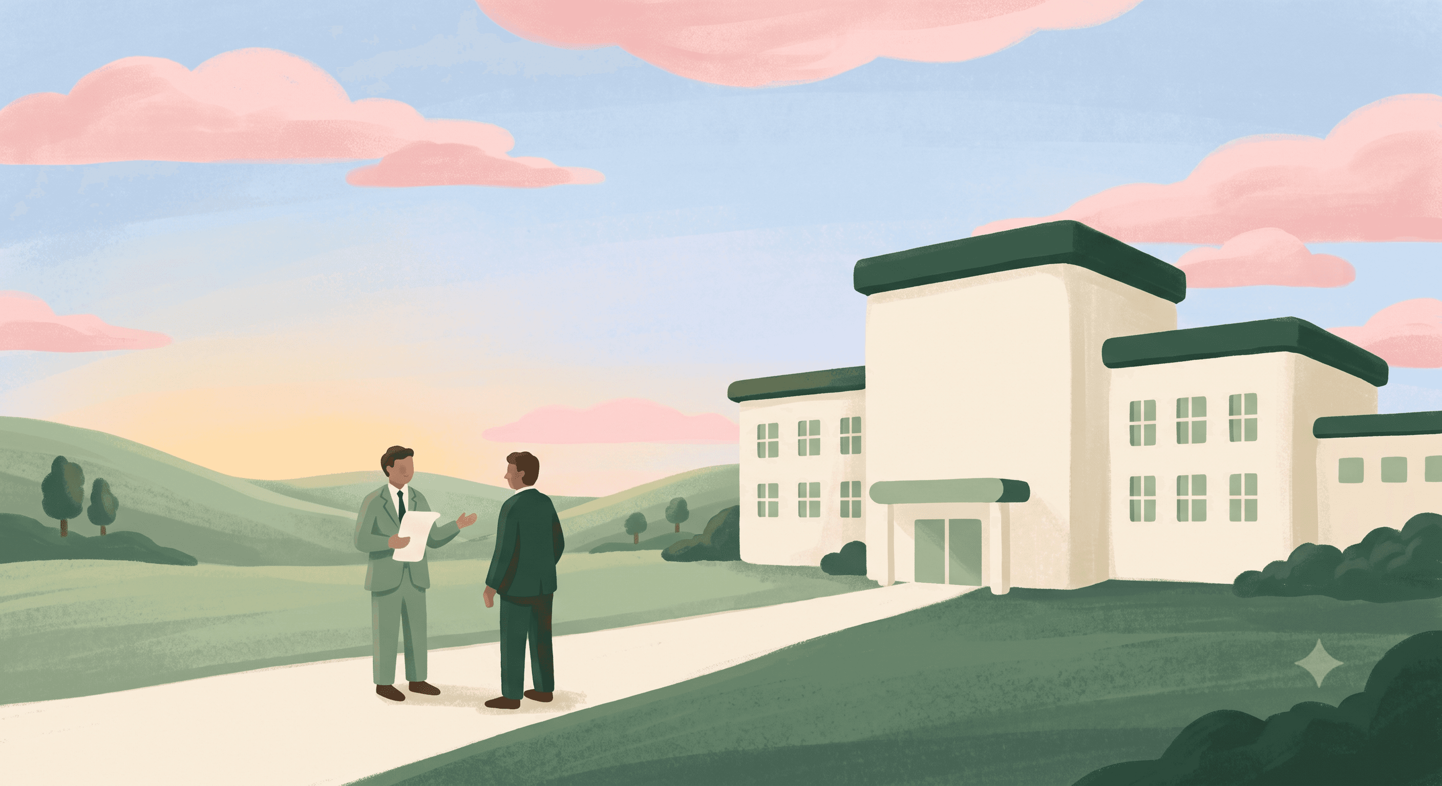 Two hospital leaders talk outside a hospital at sunset